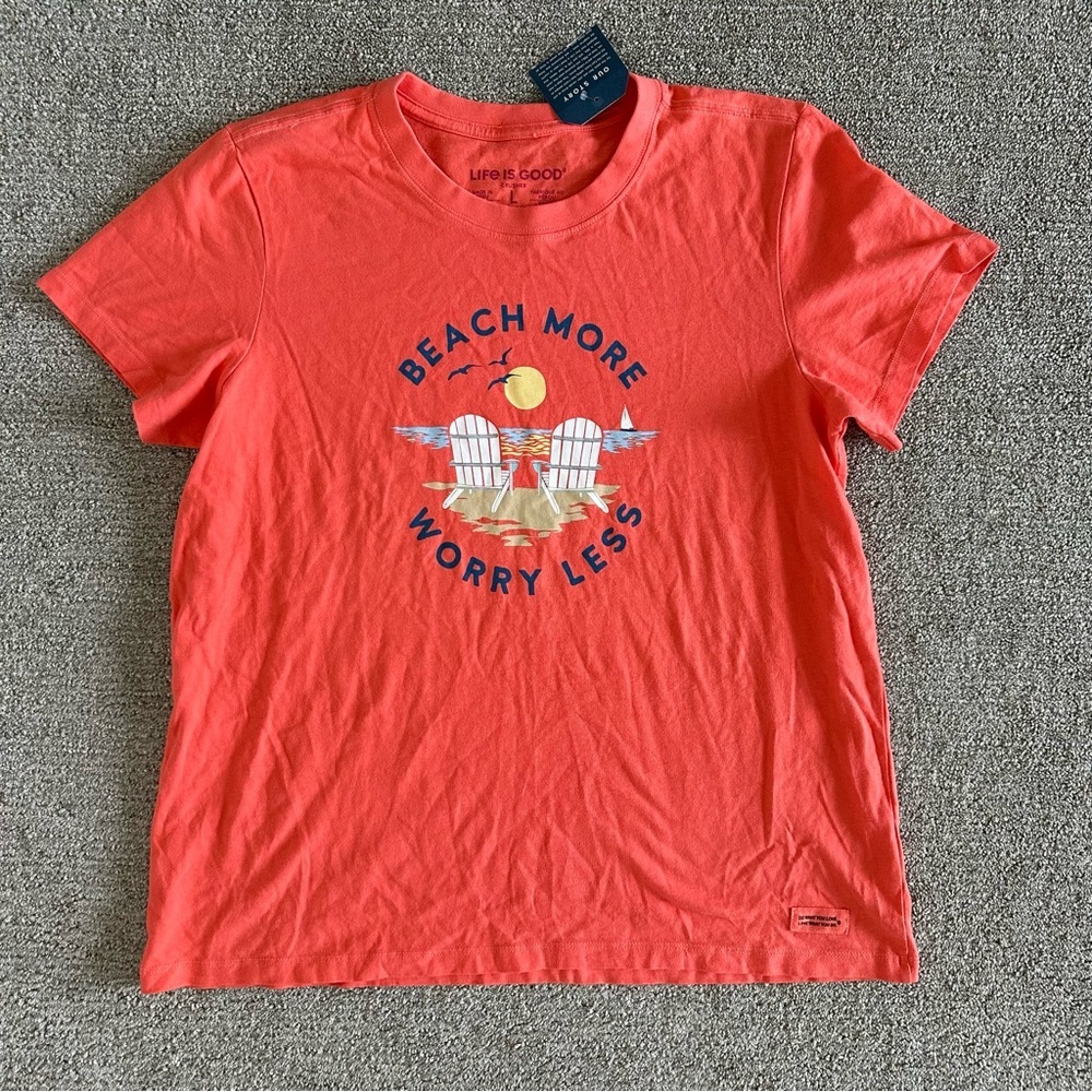 Life is Good Women's Crusher Tee -‎ Adirondack Beach More Worry Less - Large